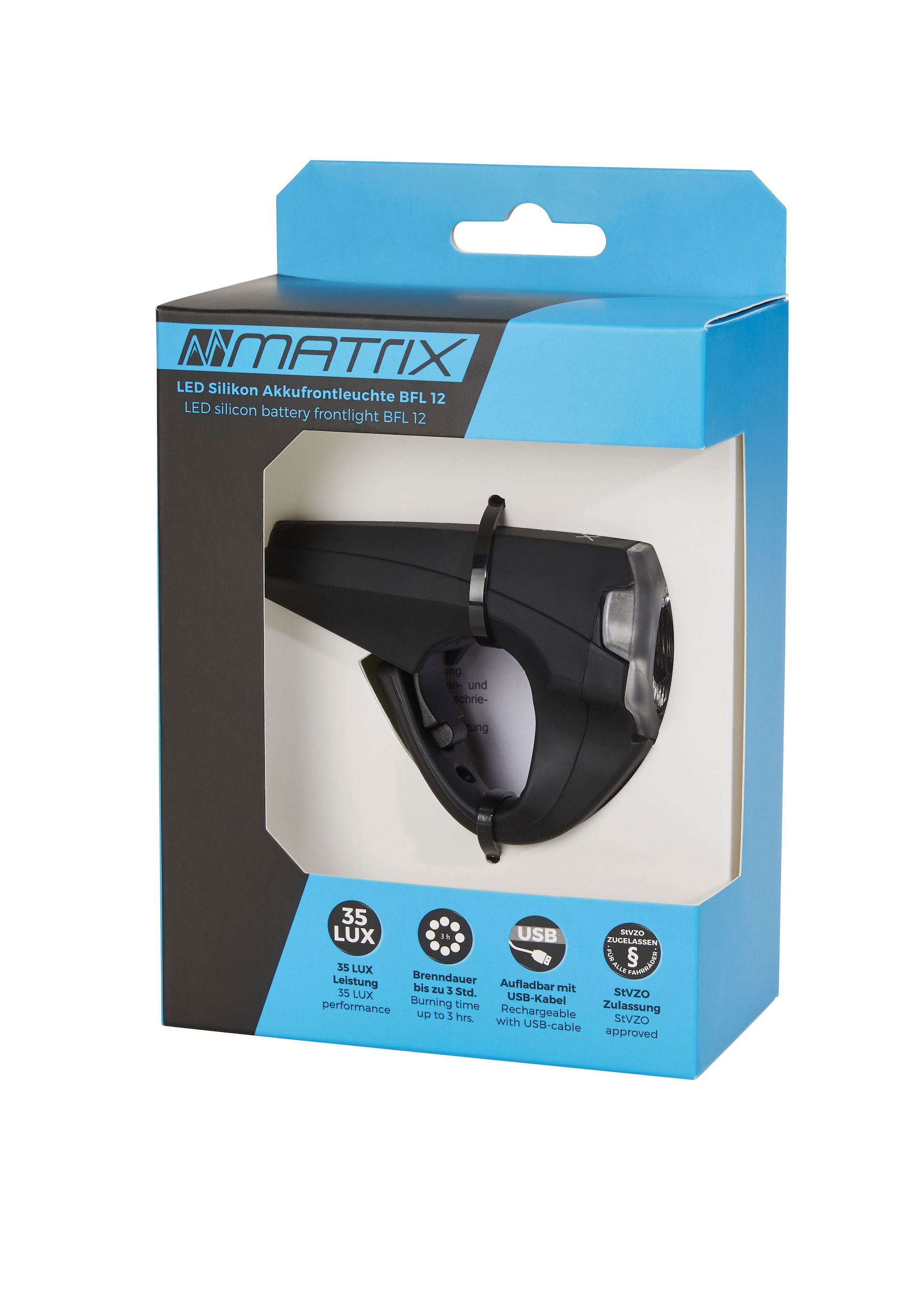 MATRIX LED Akkufrontleuchte 35 LUX BFL 12 Silicon inkl. Lithium Akku 3.7V/850mAh Befestigung: Lenker schwarz