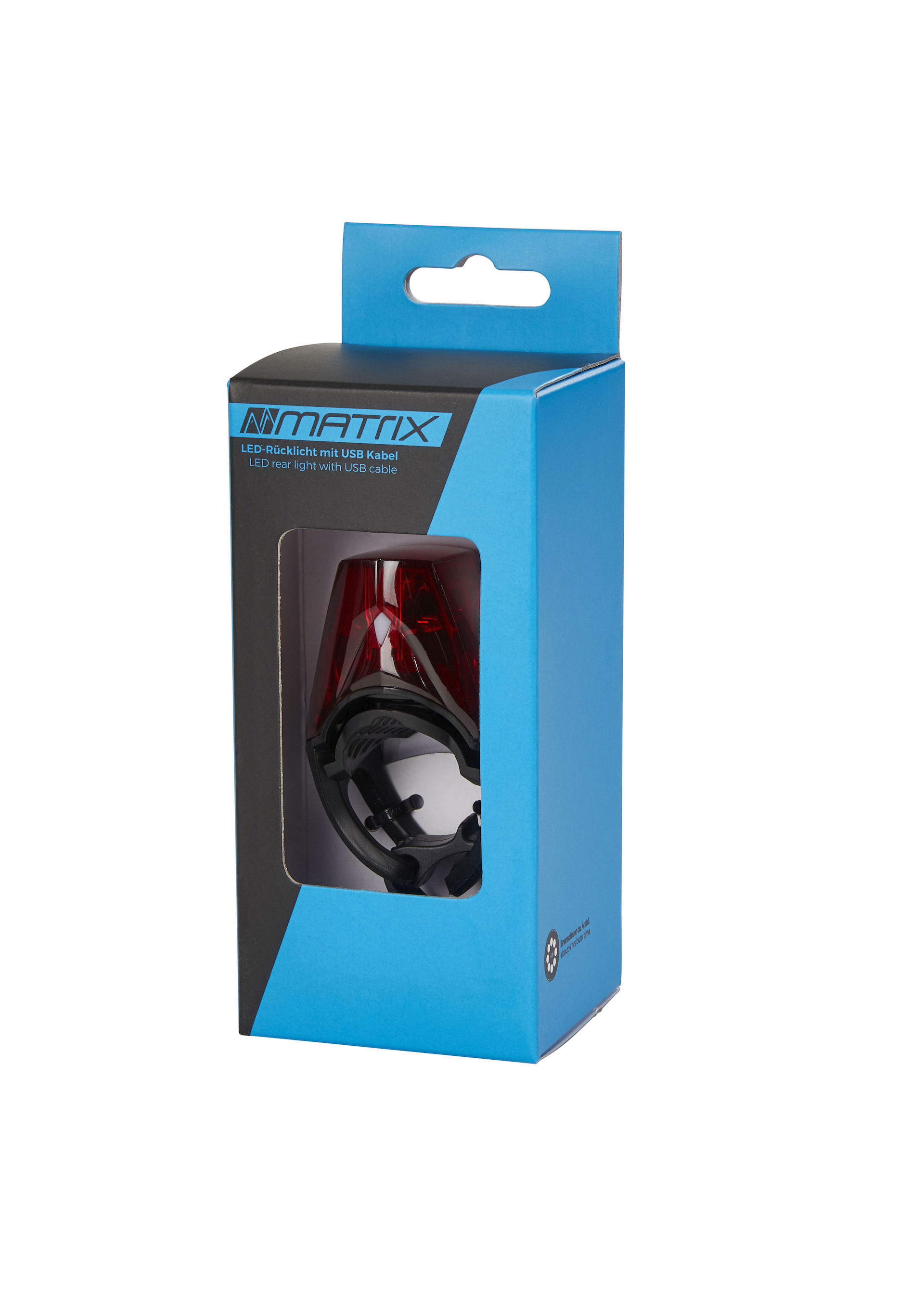 MATRIX LED Akkurücklicht "Hawkeye" inkl. 1x Akku Lithium Knopfzelle LIR 2477/150mAh Befestigung: Hinterbaustrebe / Sattelstütze schwarz