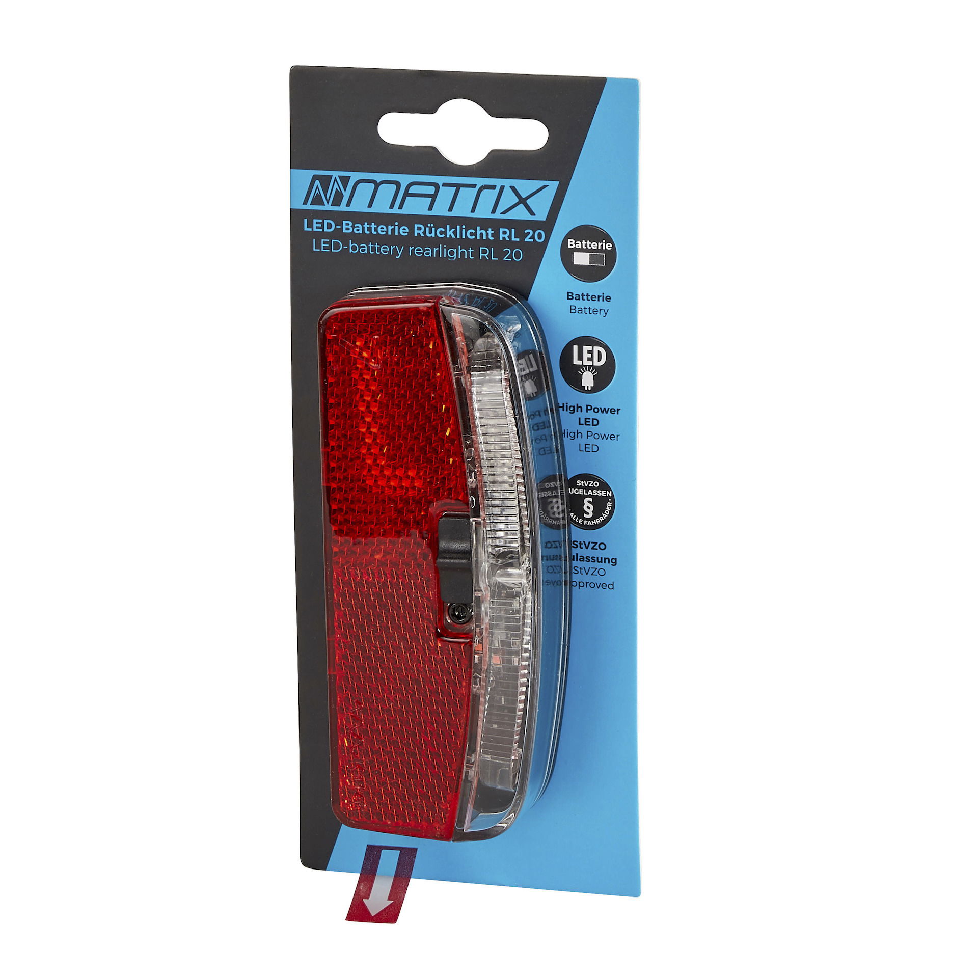 MATRIX LED Batterierücklicht RL20 inkl. Batterien 2x AAA Befestigung: Gepäckträger Bolzenabstand: 80 mm