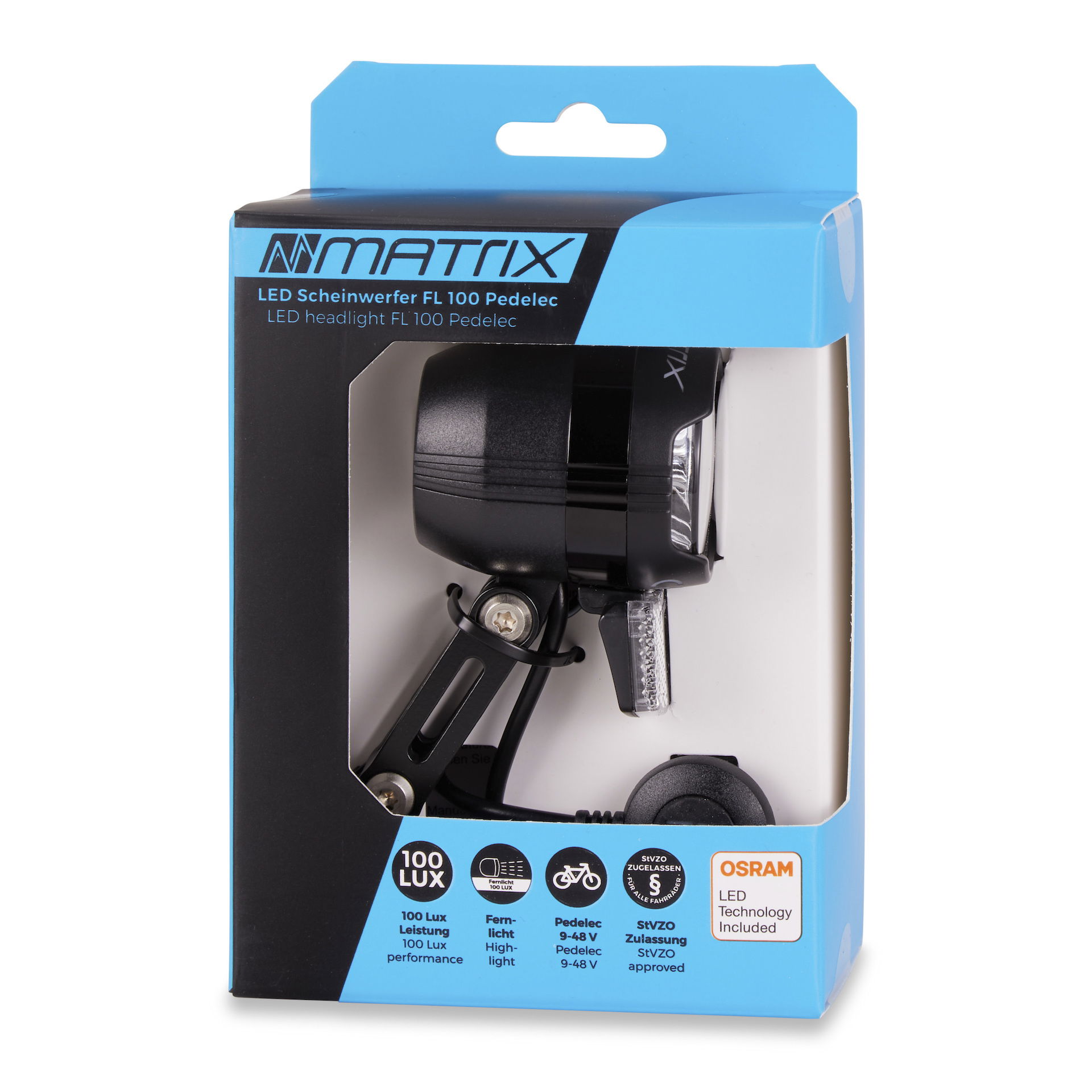 MATRIX E-Bike LED Scheinwerfer Shiny E-Bike 100 LUX FL100 Befestigung: Gabelkrone