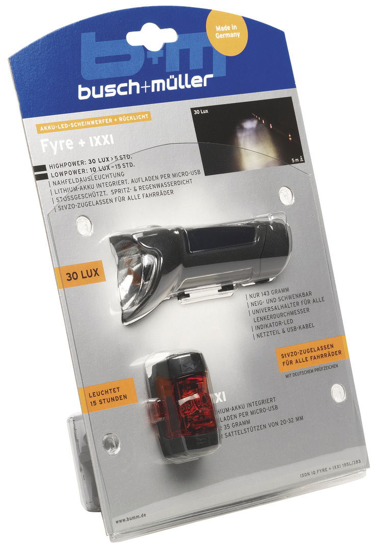 B&M LED Akkuleuchten Set 30 LUX IXON Fyre + IXXI inkl. Netzteil & USB-Kabel Befestigung: Lenker / Sattelstütze schwarz