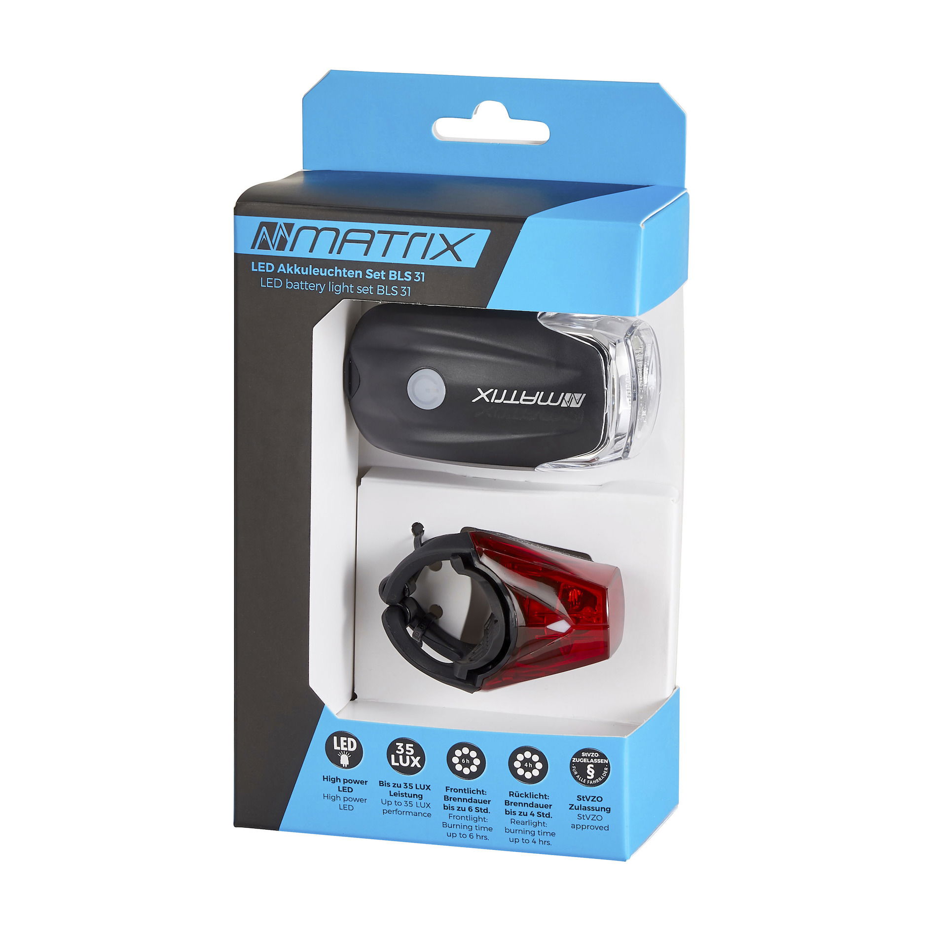 MATRIX LED Akkuleuchten Set 30 LUX BLS 31 inkl. Lithium Batterie 3.7V1200 mAh Befestigung: Lenker / Sattelstütze / Strebe schwarz