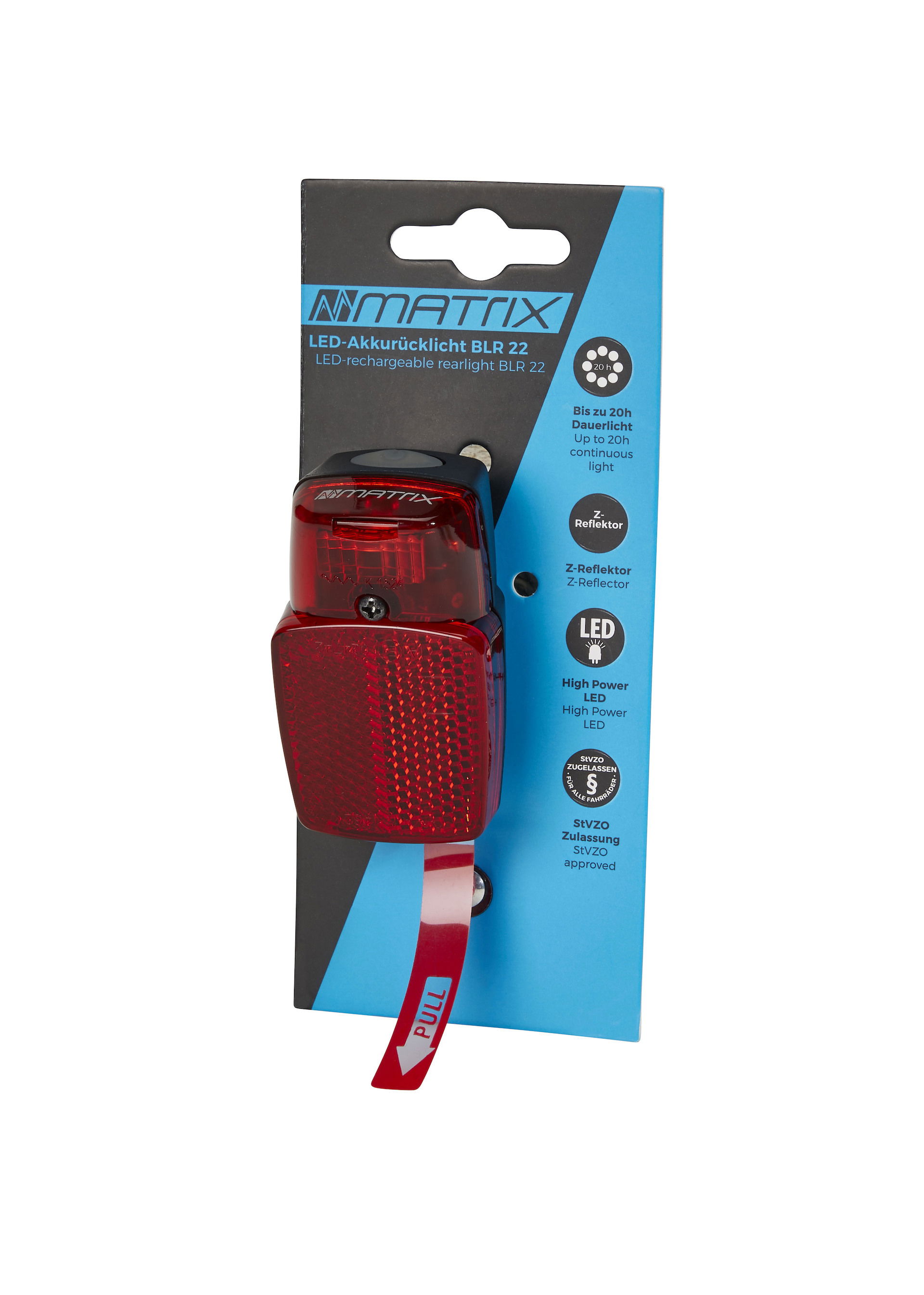 MATRIX LED Akkurücklicht BLR 22 inkl. Akku-Batterien Alkaline 2 x AAA/ LR03 und inkl. Strebenhalterung Befestigung: Schutzblech / Strebe schwarz