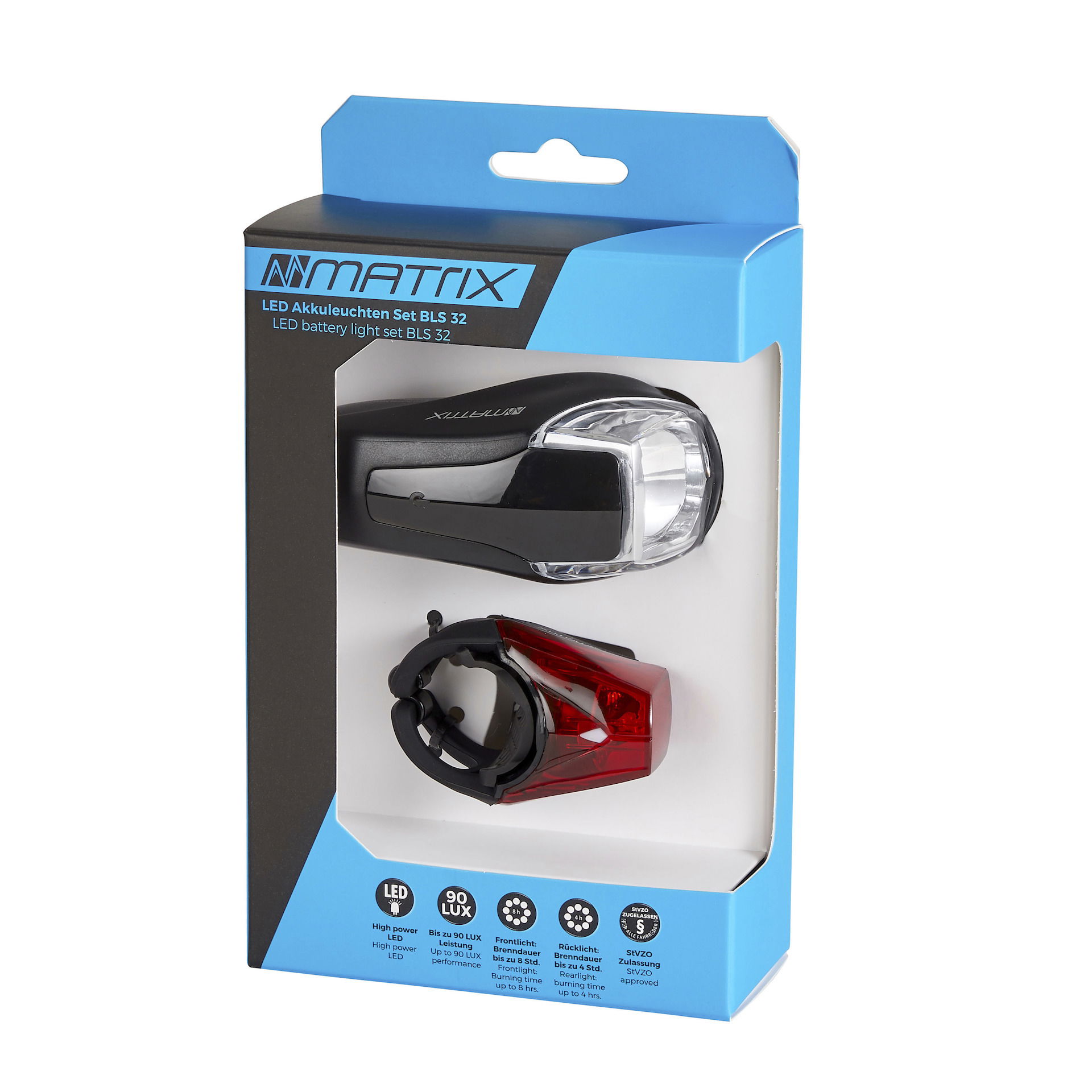 MATRIX LED Akkuleuchten Set 90 LUX BLS 32 inkl. Halter und USB-Kabel Befestigung: Lenker / Sattelstütze / Strebe schwarz