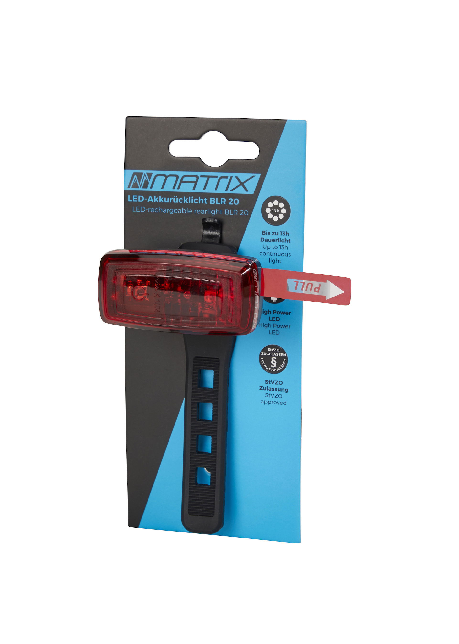 MATRIX LED Akkurücklicht BLR 20 inkl. Akku Batterien Alkaline 2 x AAA/ LR03 und inkl. Halterung bis ca. 38 mm Befestigung: Sattelstütze / Kettenstrebe schwarz