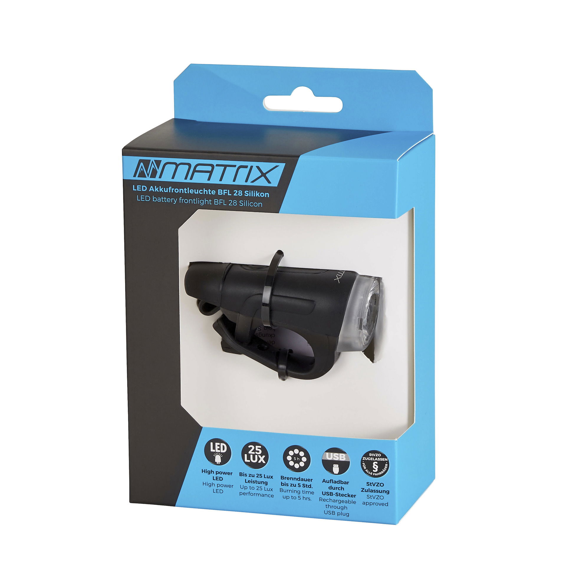 MATRIX LED Akkufrontleuchte 25 LUX BFL 28 Silicon inkl. Lithium Akku 3.7V/550mAh und Fronthalter bis 34,9 mm Befestigung: Lenker schwarz