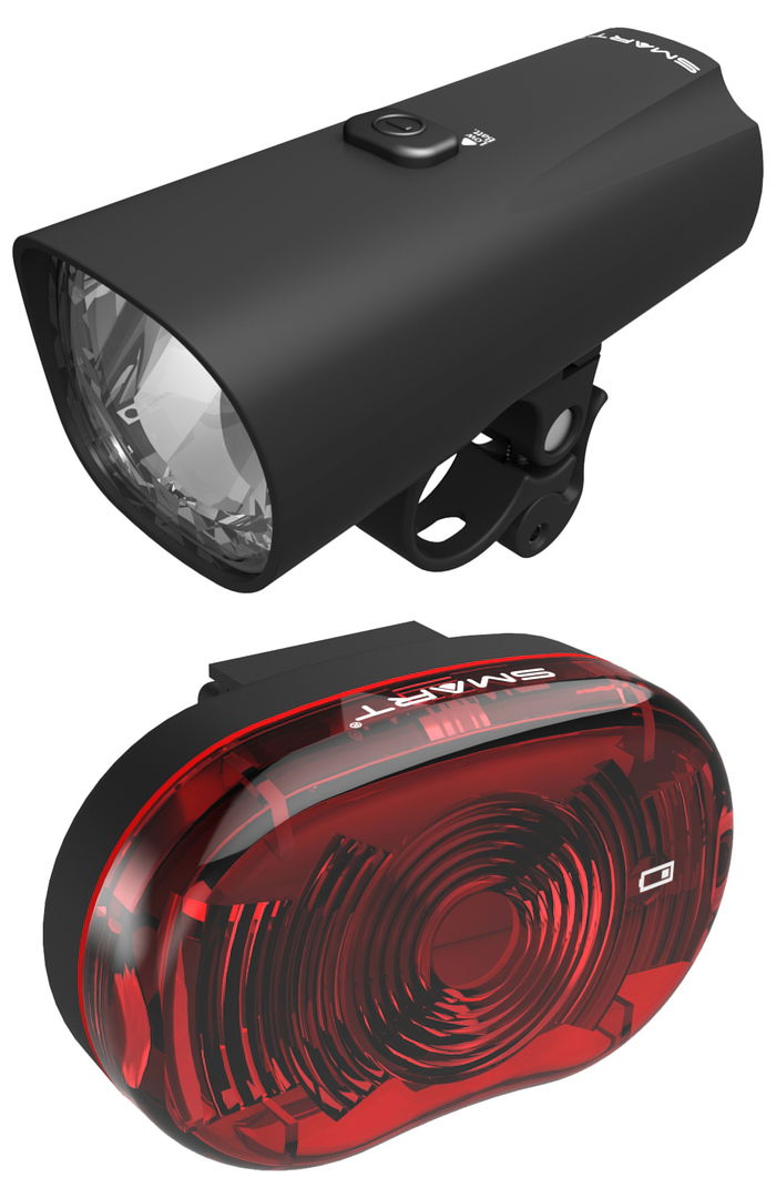 SMART LED Batterieleuchten Set Touring 30 + Star inkl. Fronthalter bis 31,8 mm, Rückhalterung bis 34,9 mm und Alkaline Batterien 5 x AAA Befestigung: Lenker / Sattelstütze schwarz