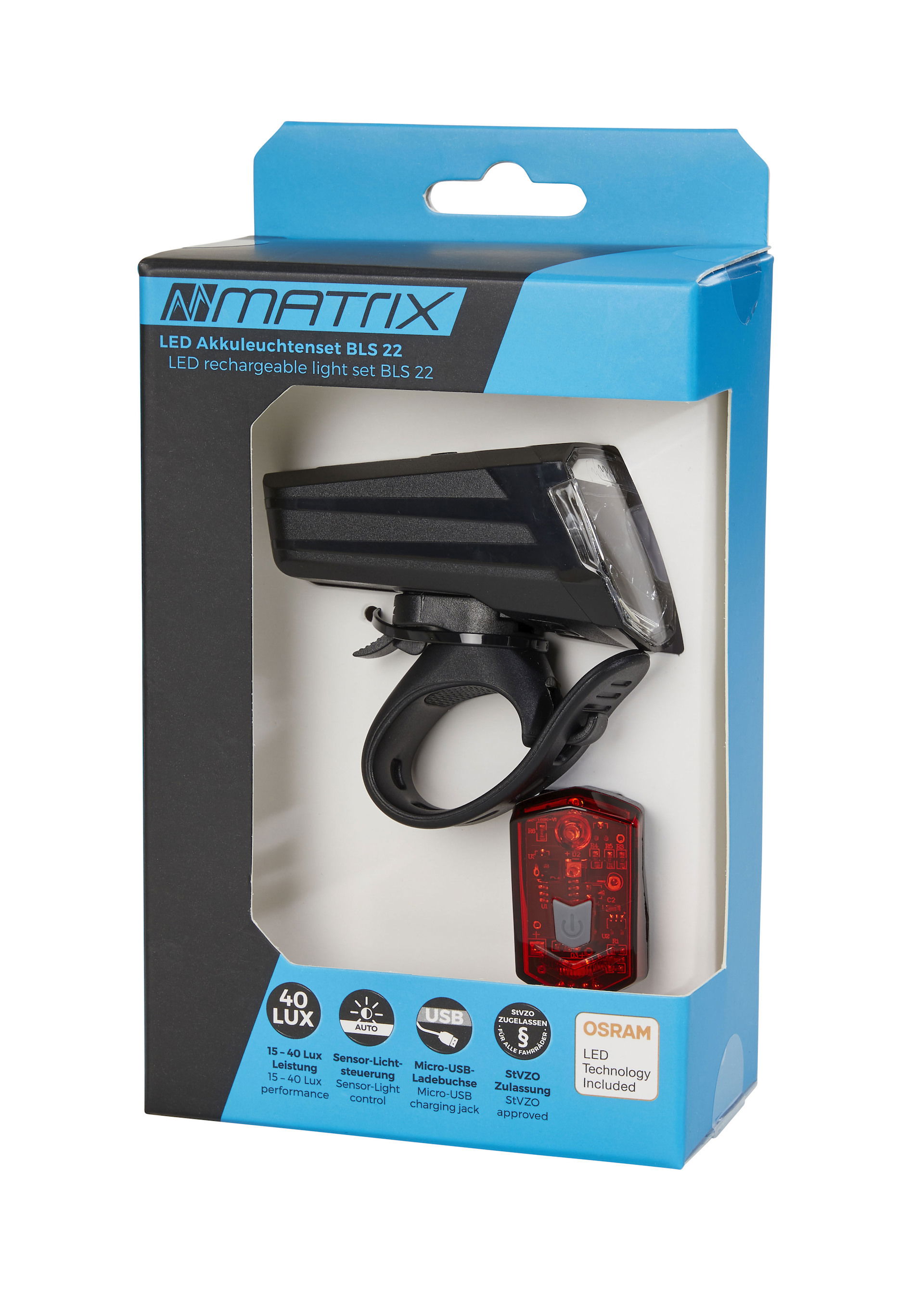 MATRIX LED Akkuleuchten Set 40 LUX BLS 22 inkl. Lithium Ionen Akkus (3.7V/1000mAh und 3.7V/300mAh), Halter Befestigung: Lenker / Sattelstütze schwarz