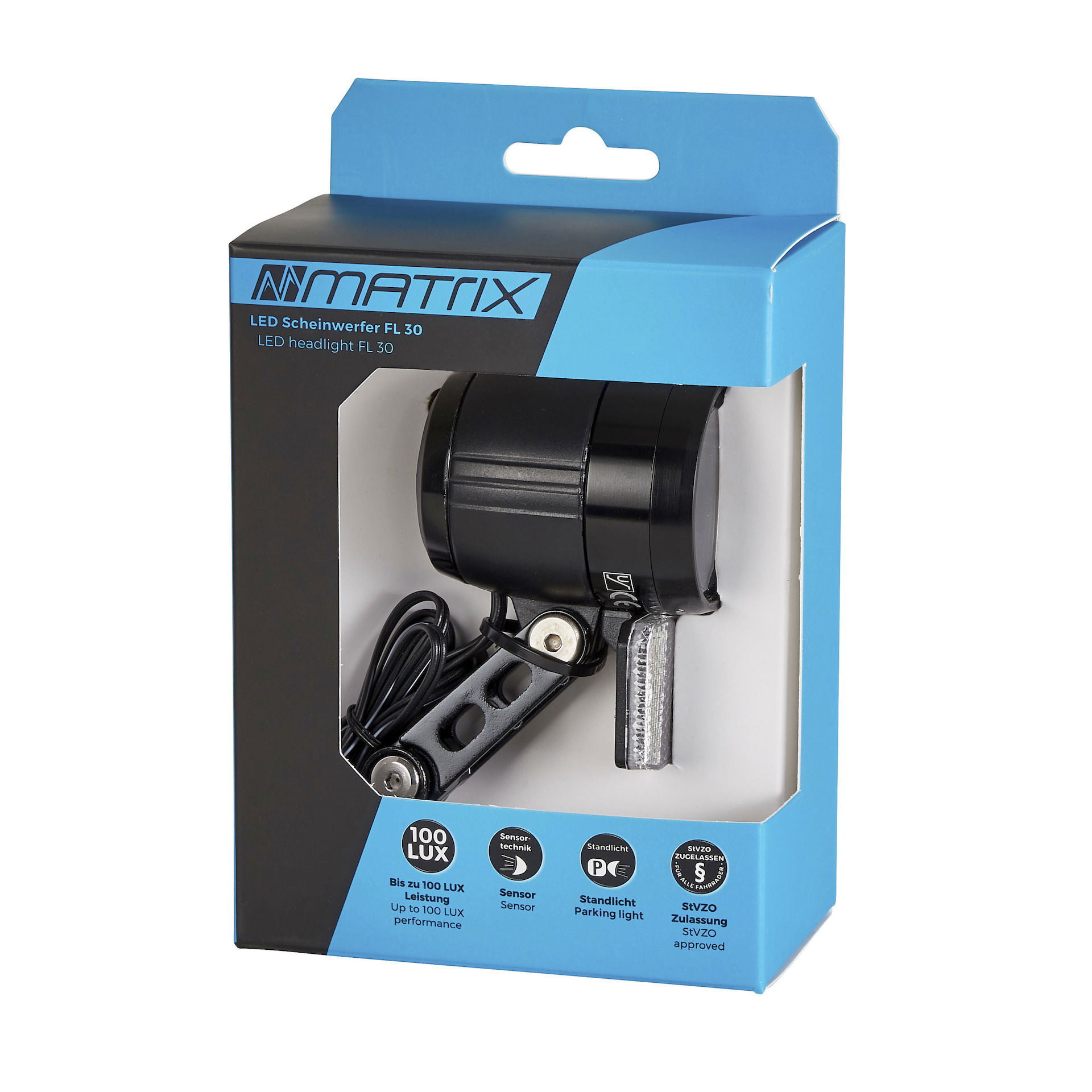 MATRIX LED Scheinwerfer 100 LUX FL30 inkl. Aluminium Halter Befestigung: Gabelkrone schwarz An-/Ausschalter: Ja