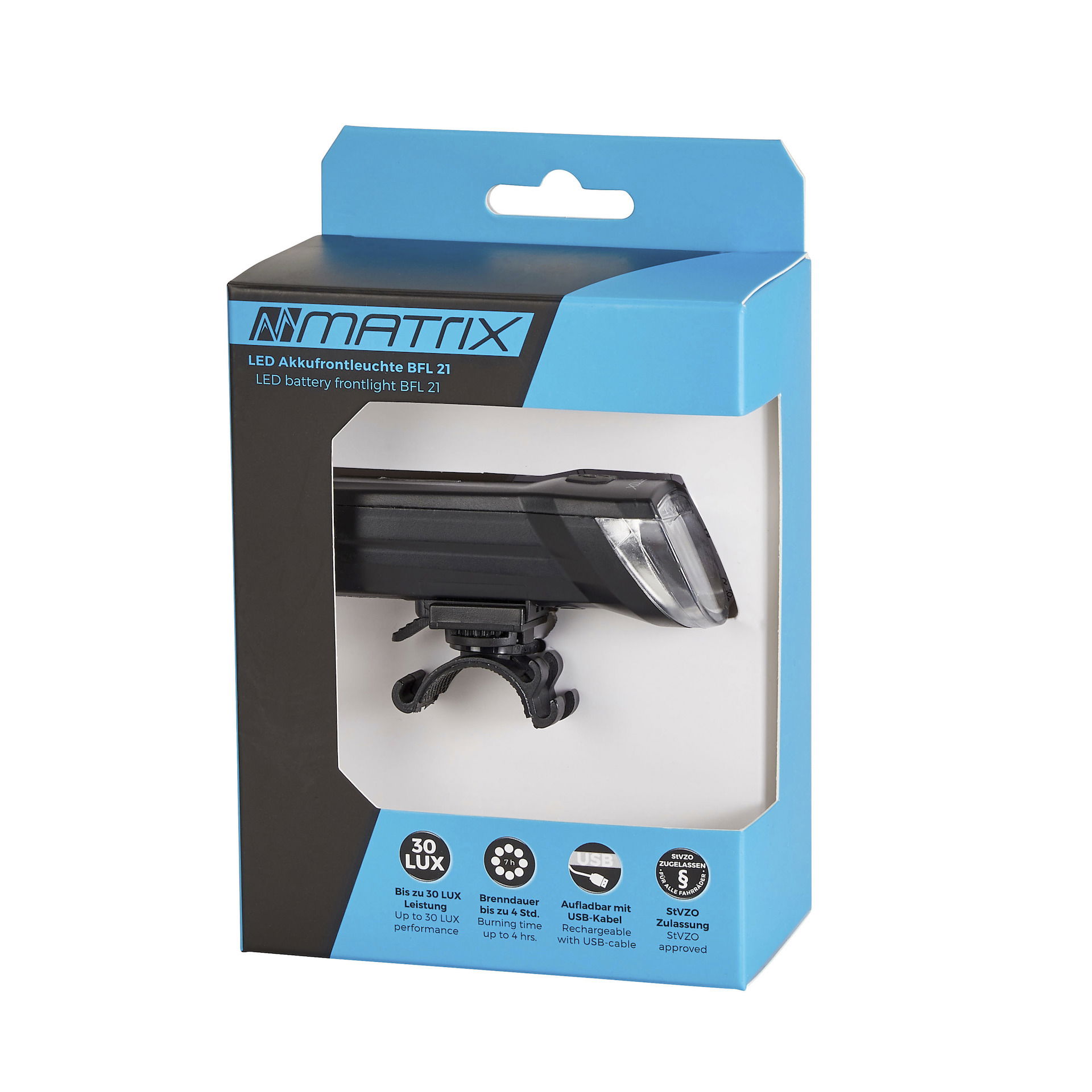 MATRIX LED Akkufrontleuchte 30 LUX BFL 21 inkl. Lithium Akku 3.7V/1300mAh Befestigung: Lenker schwarz