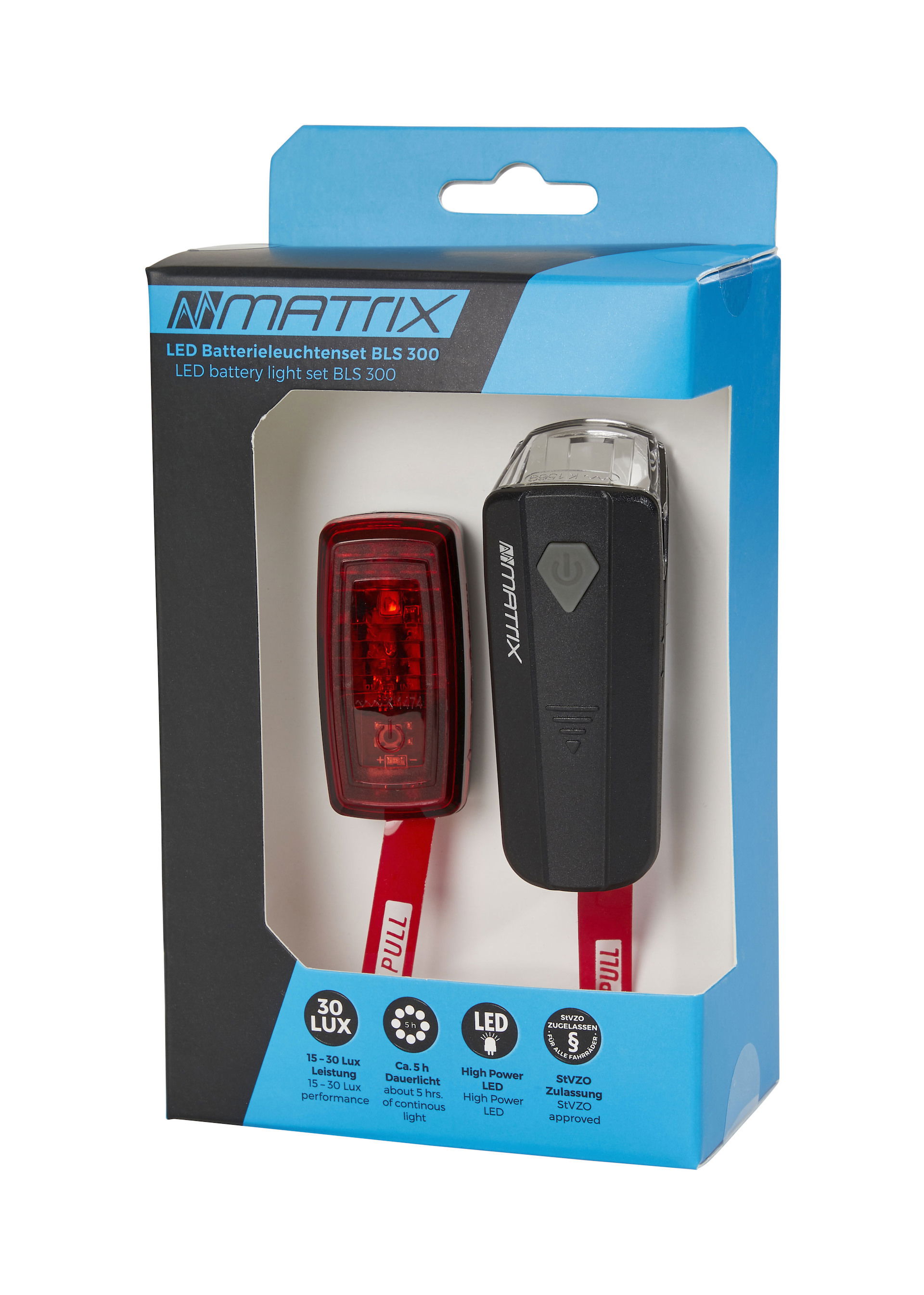 MATRIX LED Akkuleuchten Set 30 LUX BLS 300 inkl. Batterien Akku 5x AAA Befestigung: Lenker / Sattelstütze schwarz