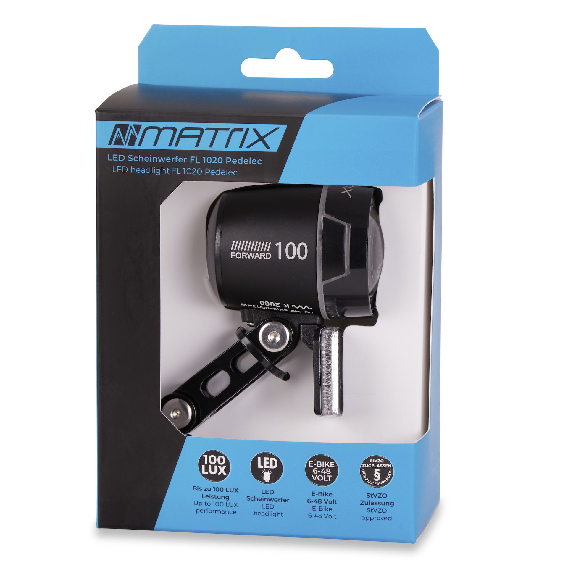 MATRIX E-Bike LED Scheinwerfer 100 LUX FL1020 schwarz